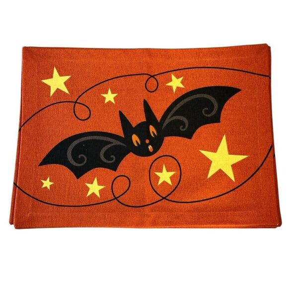 Johanna Parker Bat Stars Halloween Placemats Orange Black S/4 EUC Table Decor - Picture 2 of 3